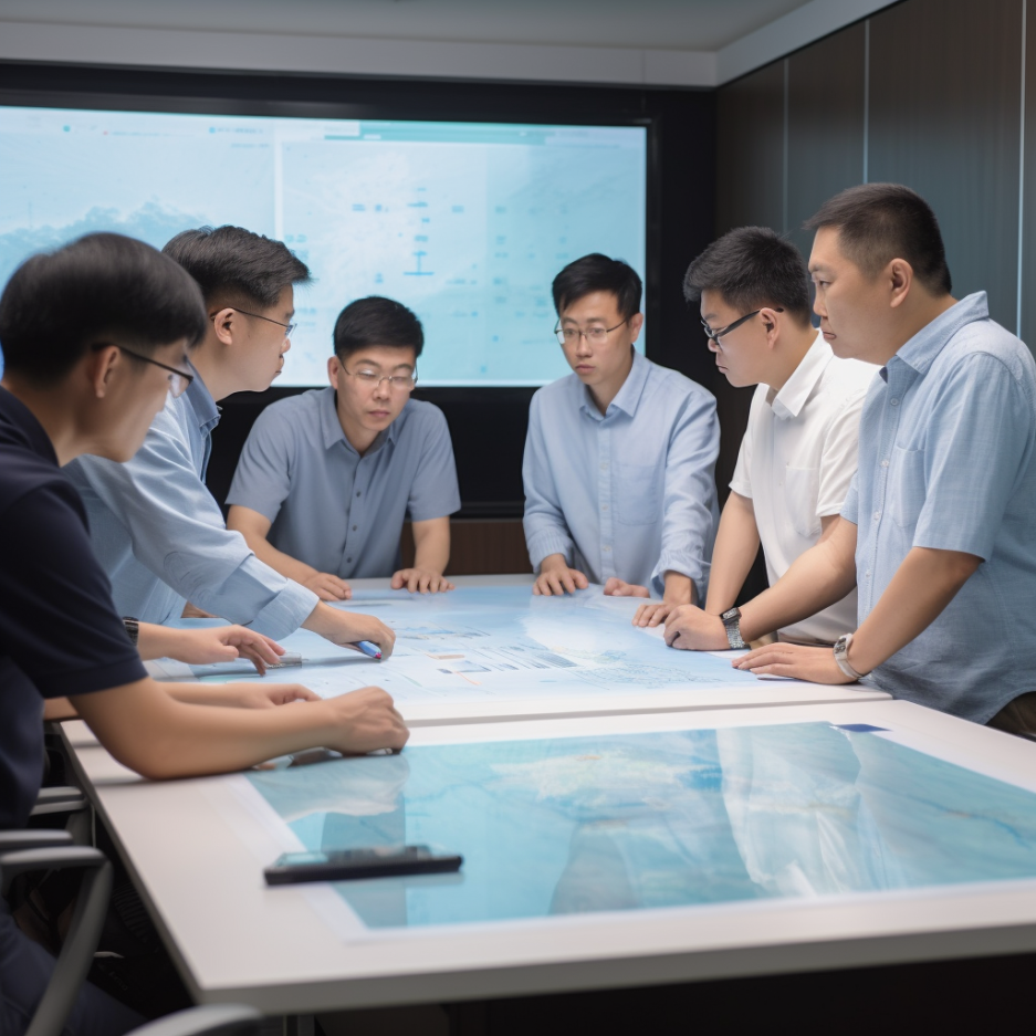 Engineering team discussing industrial filtration project solutions