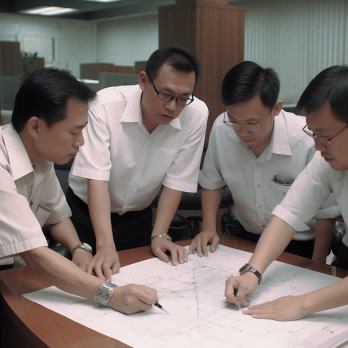 Engineering team reviewing industrial filter cage design drawings