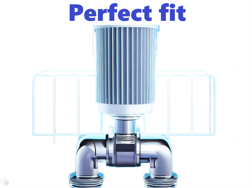 A picture showing the compatibility of a filter element with a filtration system. The picture depicts a filter element fitting perfectly into a filtration system, with the words 'Perfect Fit' written above it