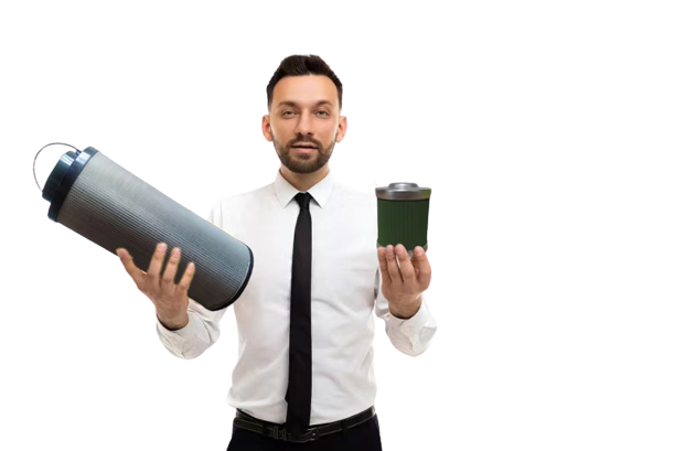 Gentleman holding two different filter elements, one in each hand, showcasing quality and choice