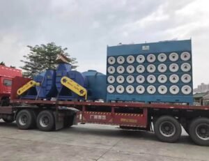 Dust collector for printer toner equipped with specific filter elements, en route to installation site