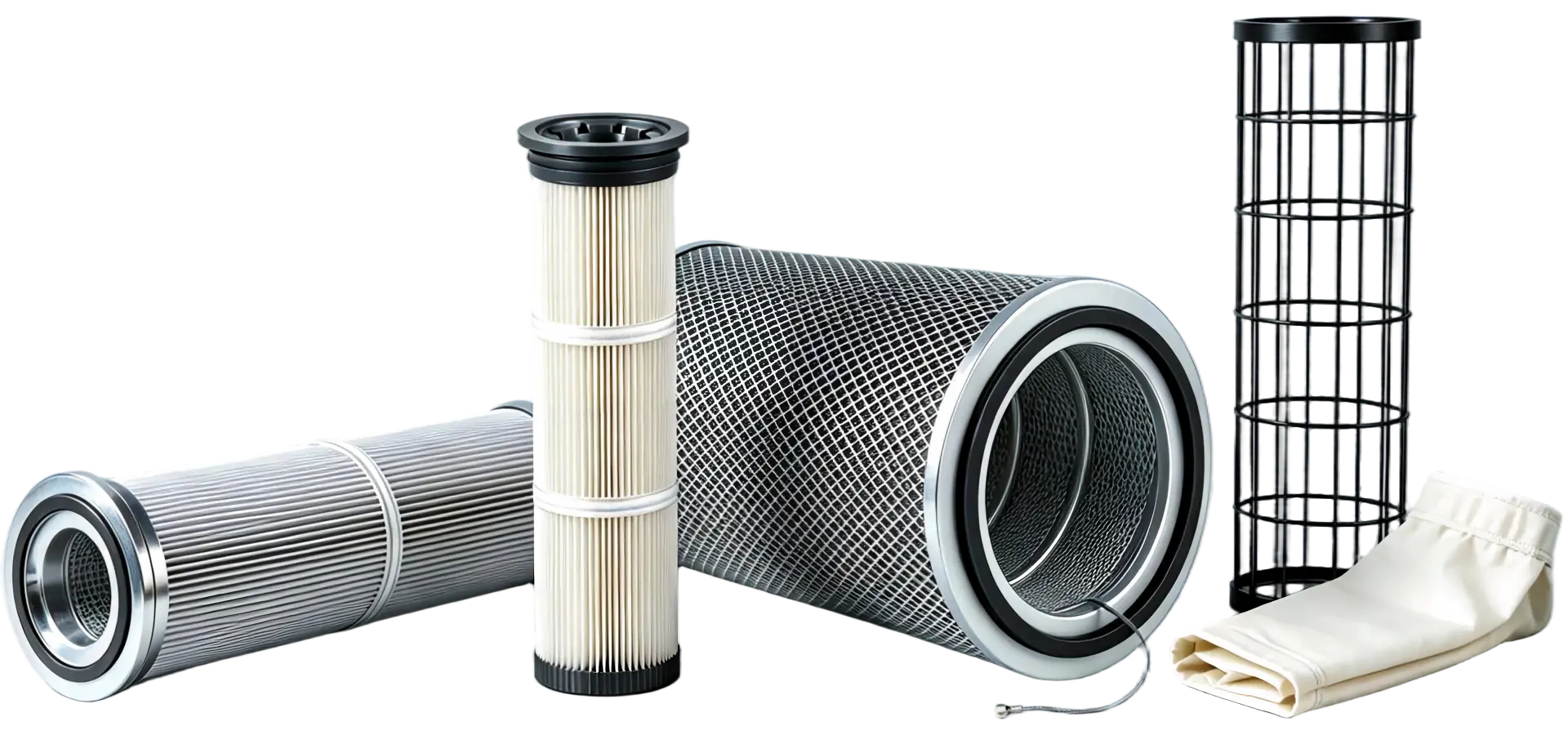 Industrial filtration products including filter cartridges, filter bags, filter cages and membrane solutions